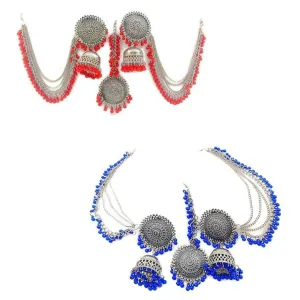 Pack of 2 Silver Red Blue Bahubali Jhumka With Maang Tikka