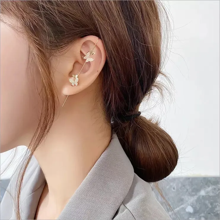 Pack Of 2 Zircon Studded Butterfly And Cross Ear Cuff