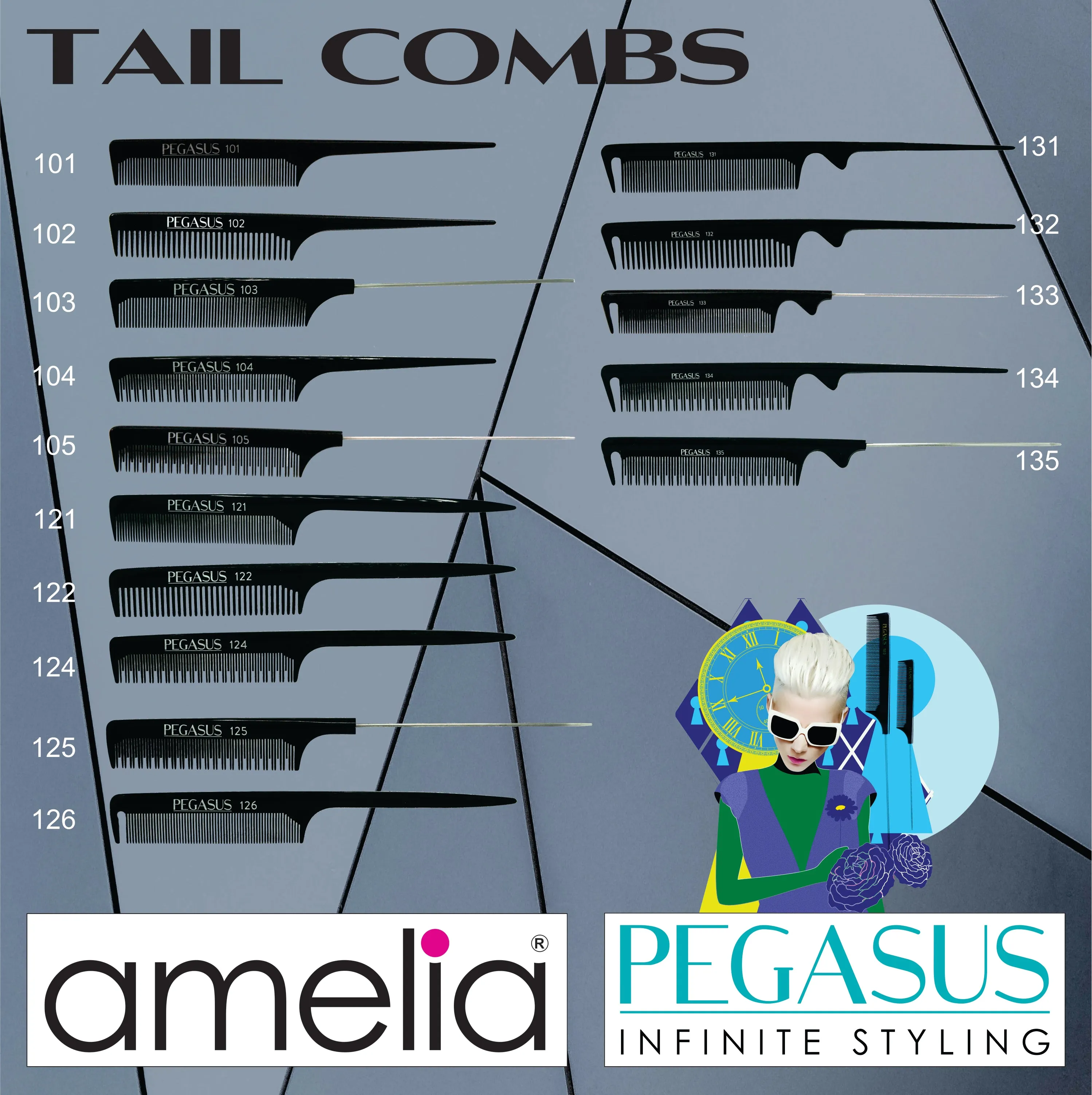 Pegasus 105, 9.5in, Hard Rubber Pintail Tease Comb, Smooth Edges, Anti Static, Heat and Chemically Resistant, Stainless Steel Pin, Great for Parting, Coloring Hair | Peines de goma dura - Black