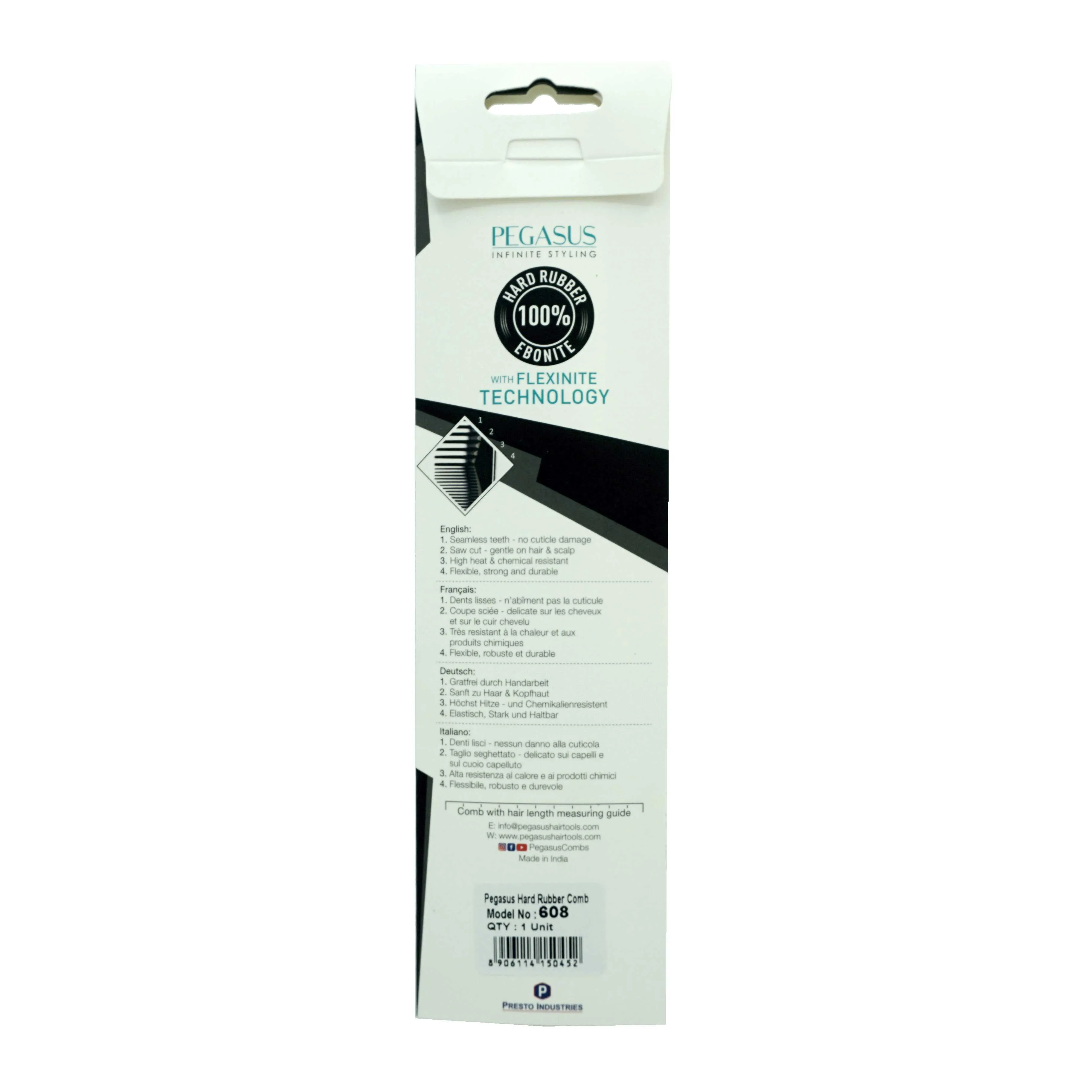 Pegasus 608, 8in Hard Rubber Heavy Styling Comb w Course/Extra Fine Teeth, Smooth Edges, Anti Static, Heat and Chemically Resistant, Portable Pocket Purse Dresser Comb | Peines de goma dura - Black
