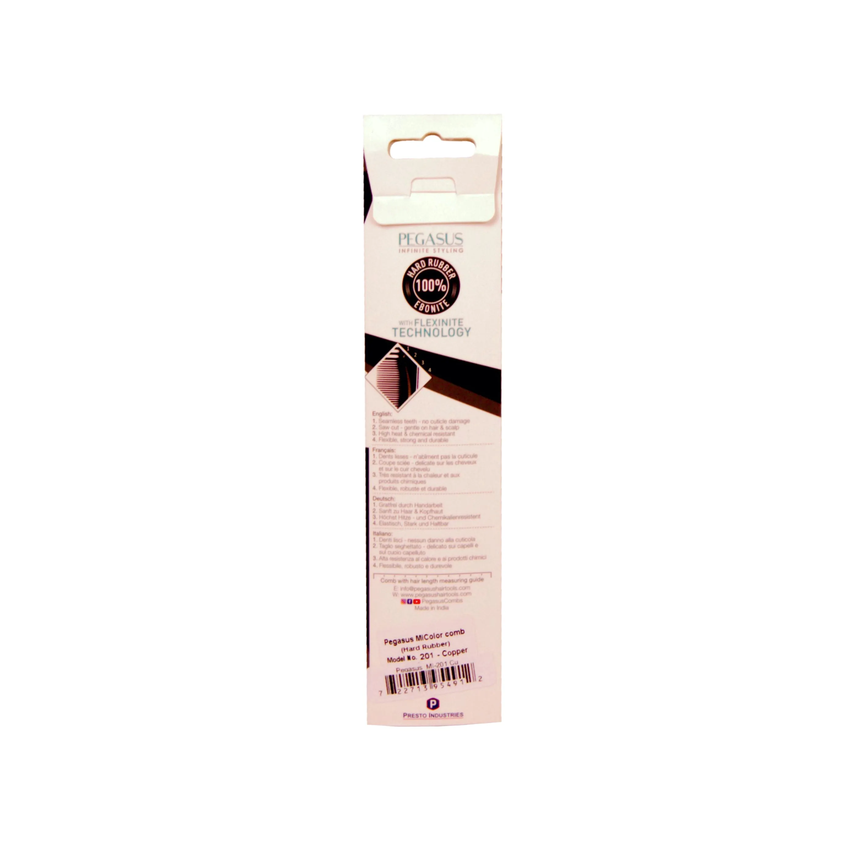 Pegasus MICOLOR 201, 7in Hard Rubber Hair Detangling/Trimmer Comb, Handmade, Seamless, Smooth Edges, Anti Static, Heat and Chemically Resistant, Wet Hair, Everyday Grooming Comb | Peines de goma dura - Copper