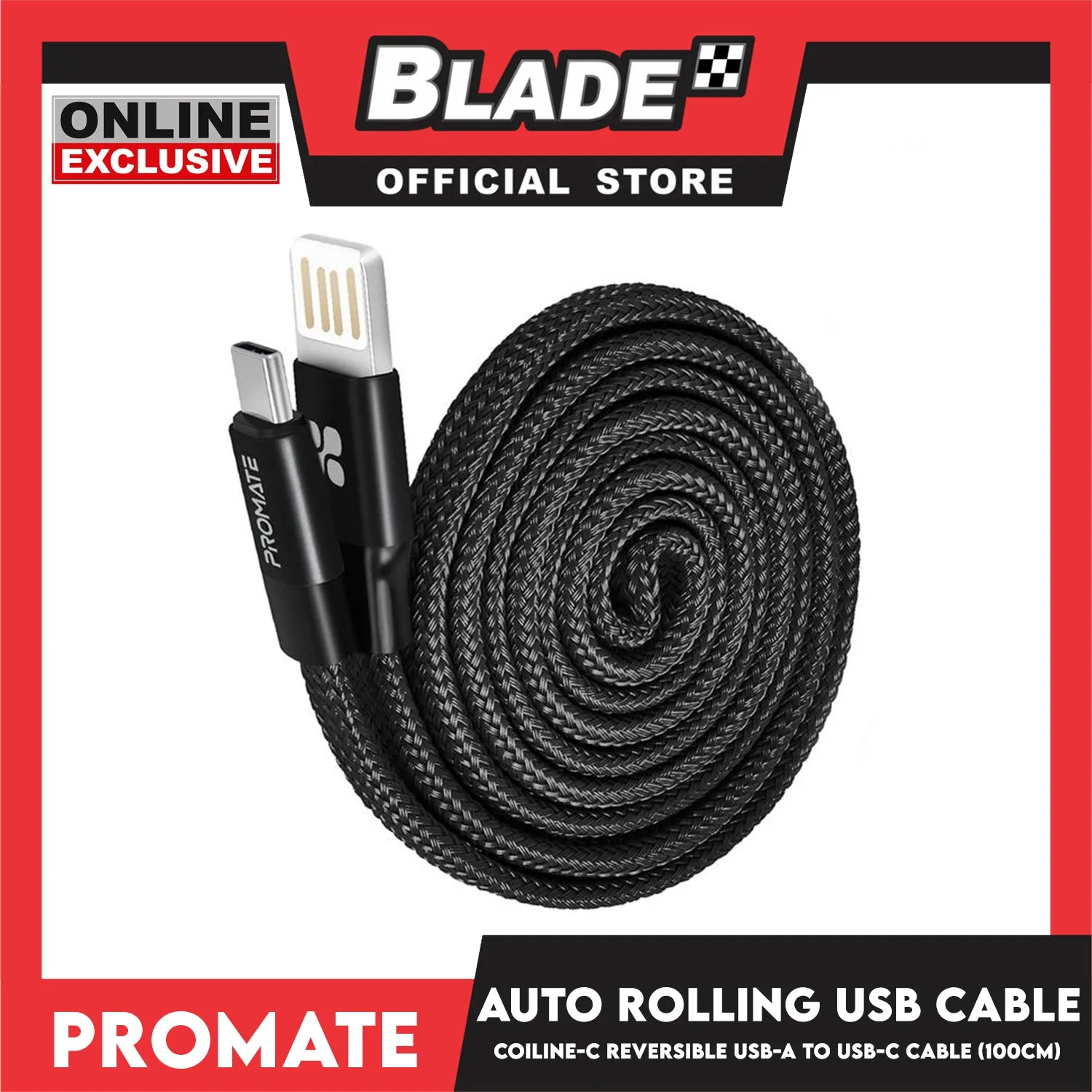 Promate 1M USB-A to USB-C Cable Auto Rolling Coiline-C (Black) Highly Durable Fabric Braided USB