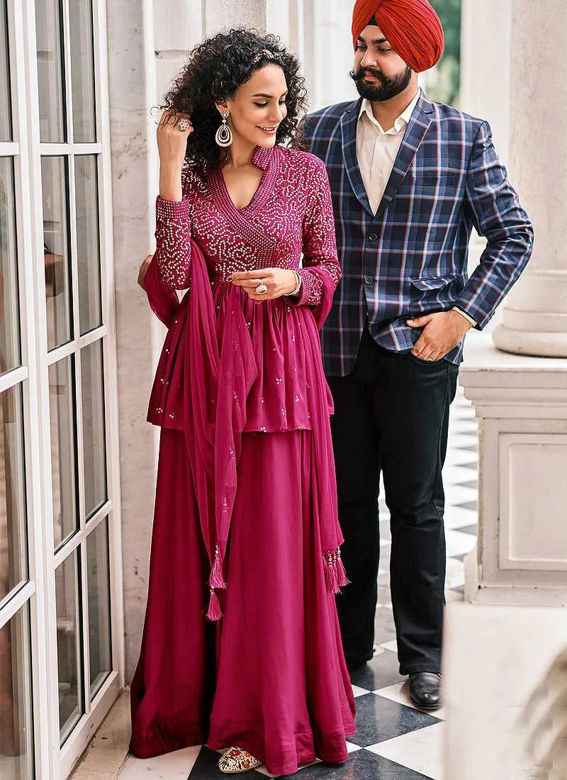 Purple Embroidered Stylish Sharara Style Suit