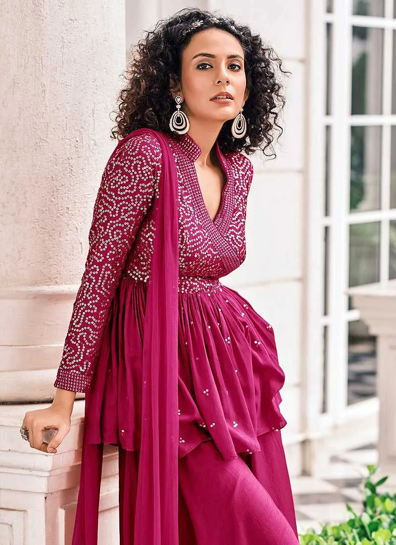 Purple Embroidered Stylish Sharara Style Suit