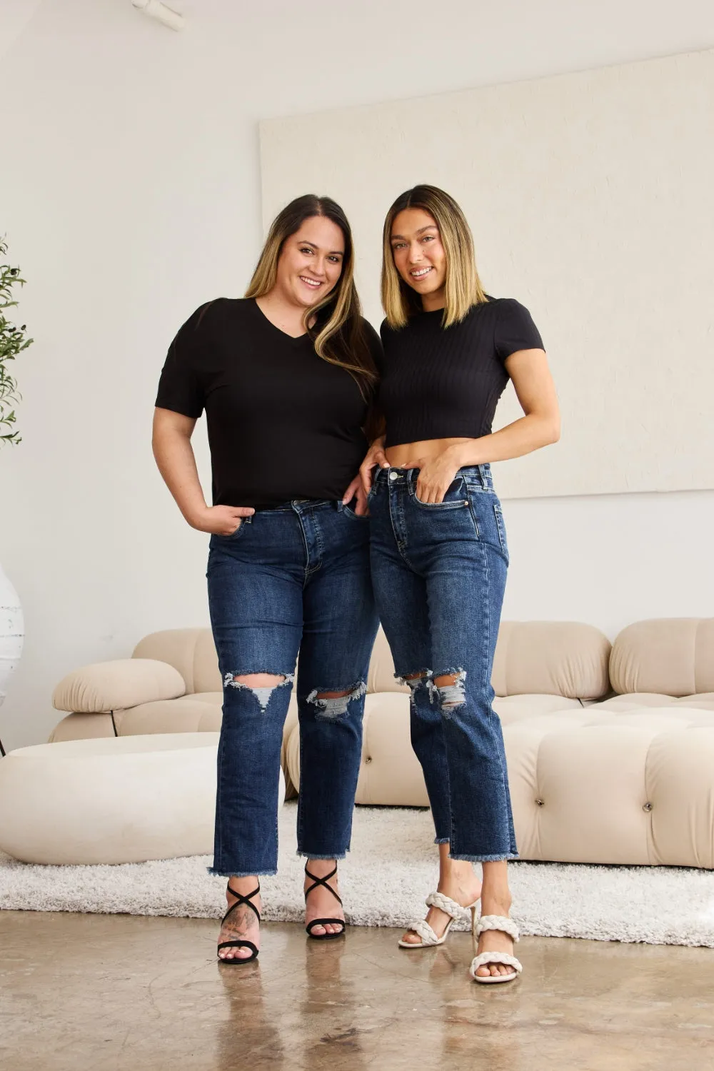 RFM Crop Dylan Tummy Control Distressed High Waist Raw Hem Jeans