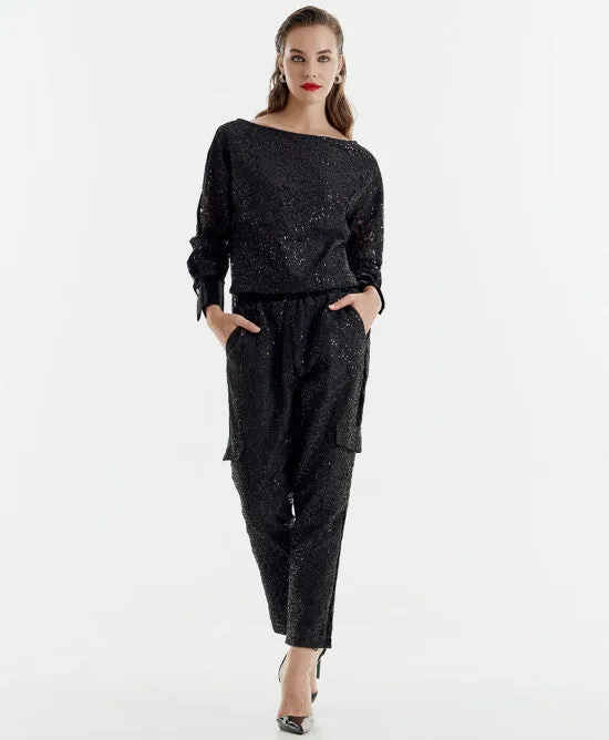 SALE Boat neckline lace and sequin blouse