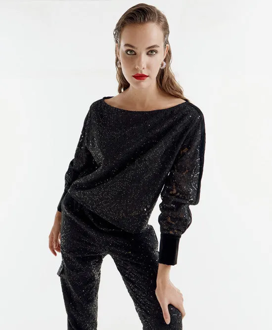 SALE Boat neckline lace and sequin blouse