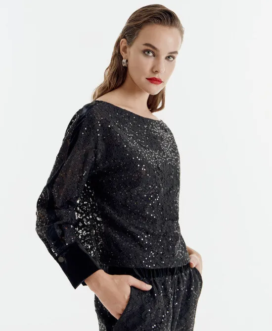 SALE Boat neckline lace and sequin blouse
