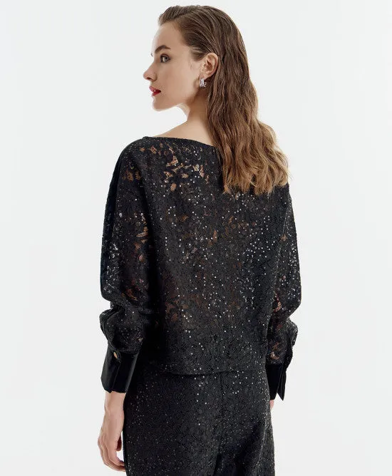 SALE Boat neckline lace and sequin blouse