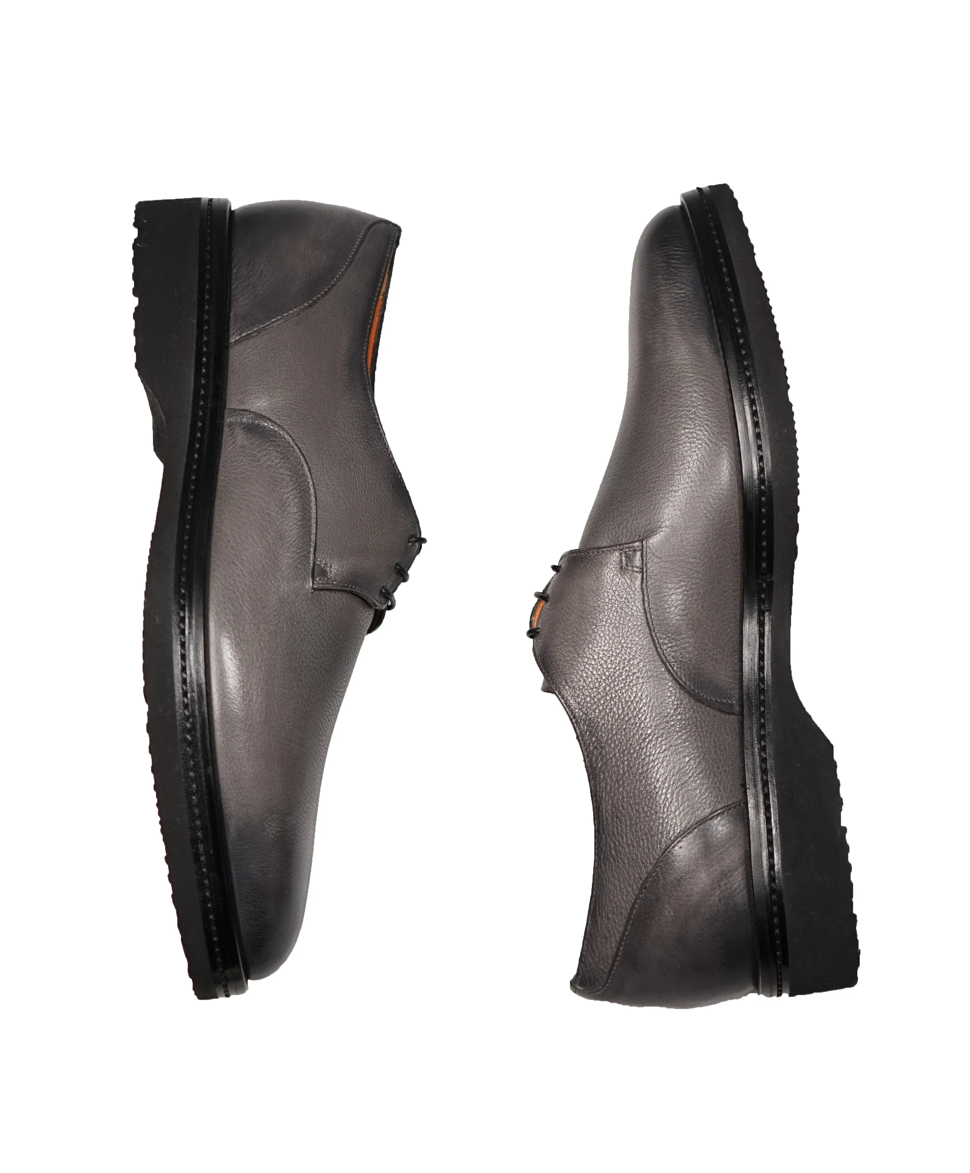 SANTONI - 3-Eylet Oxfords In Pebbled Gray Patina Leather Rubber Sole - 11 US