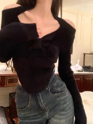 Sexy Knitted Sweater for Women Fashion Elegant Pullover Office Y2k Chic Crop Tops
