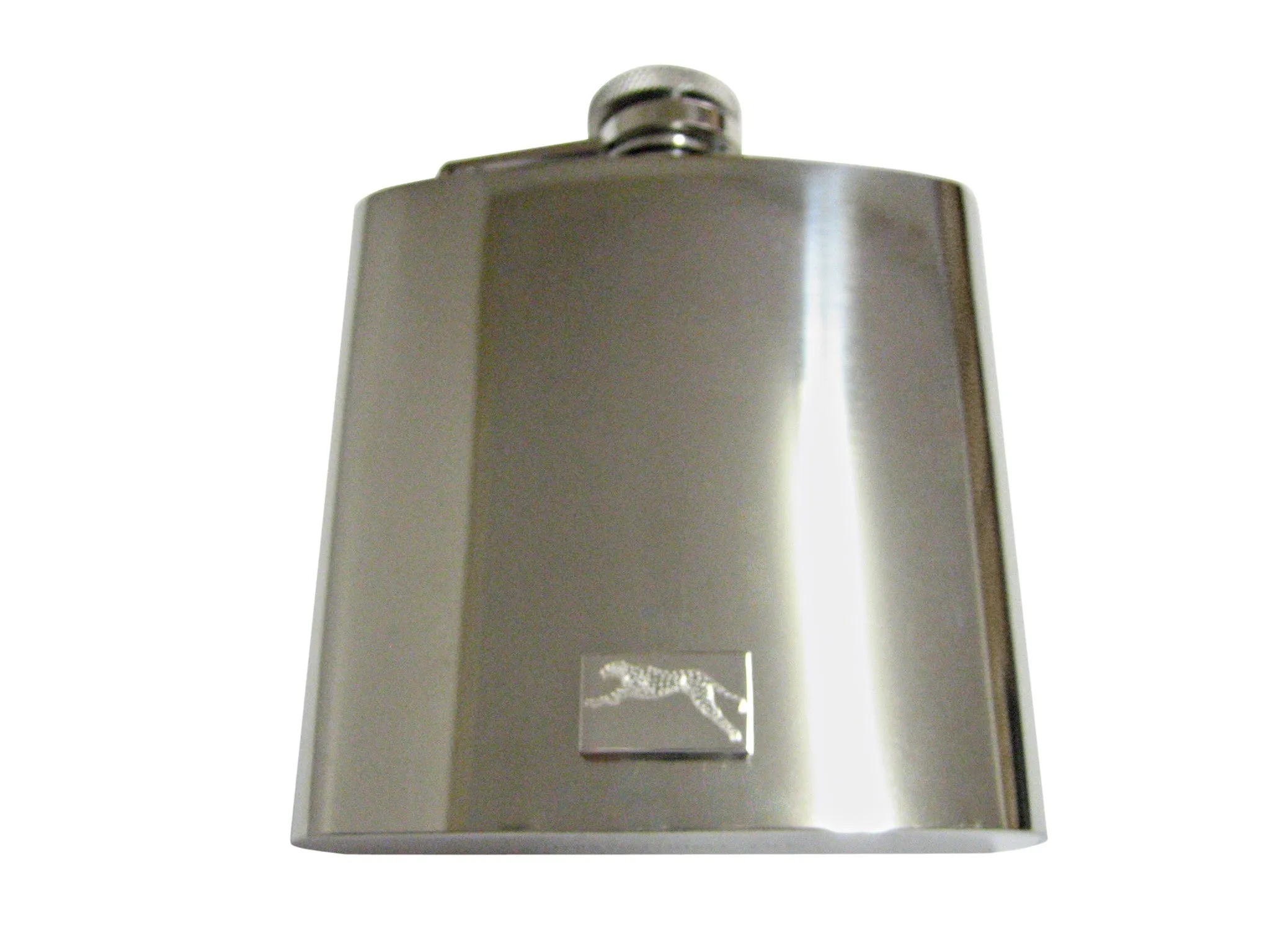 Silver Toned Etched Running Cheetah 6 Oz. Stainless Steel Flask