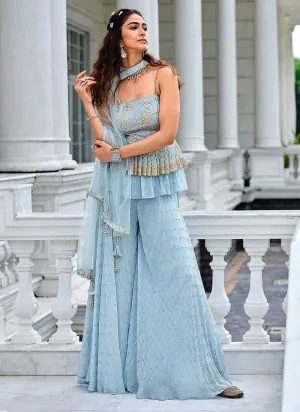 Sky Blue Embroidered Stylish Sharara Style Suit