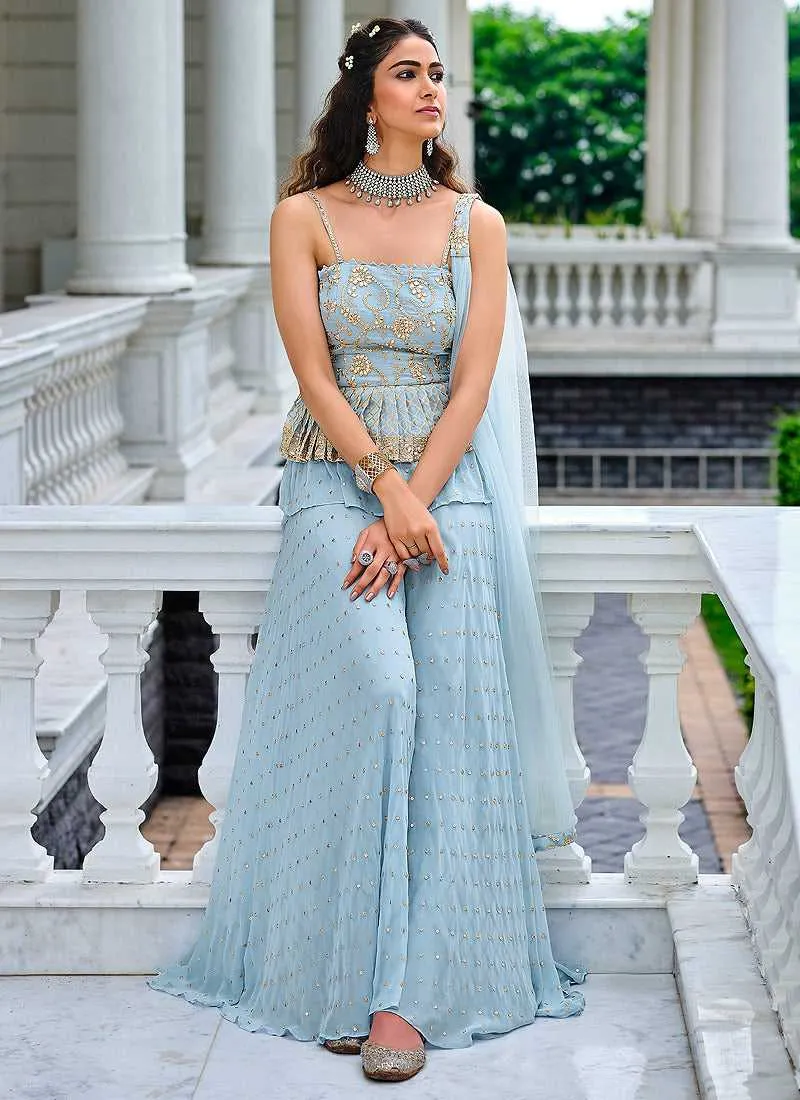 Sky Blue Embroidered Stylish Sharara Style Suit