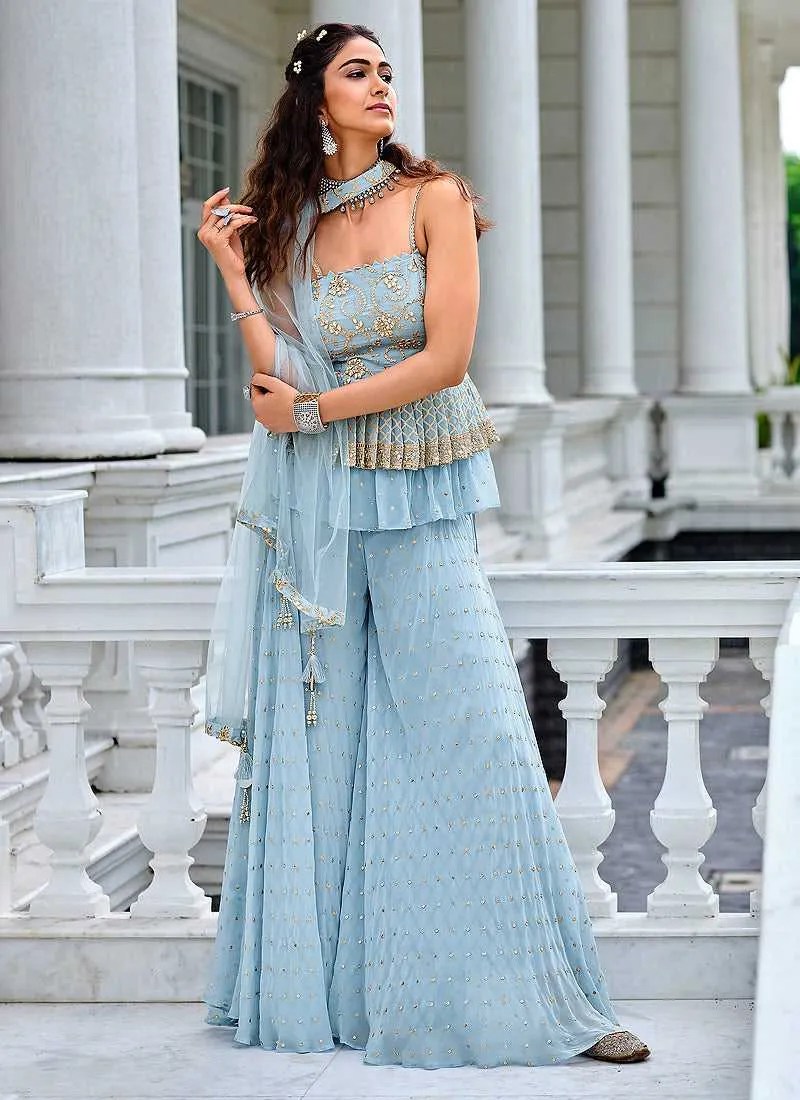 Sky Blue Embroidered Stylish Sharara Style Suit