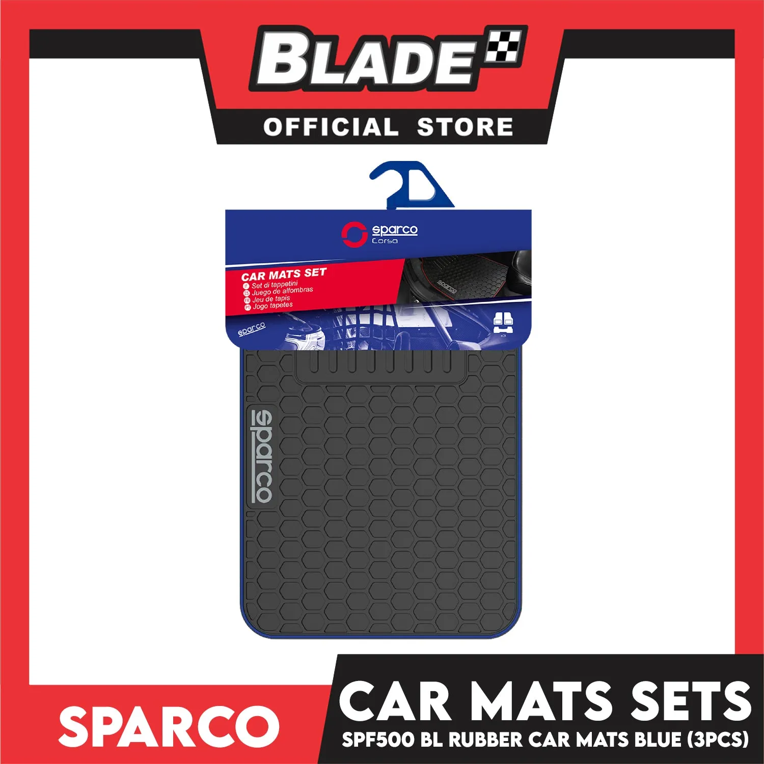 Sparco Corsa Car Mats Set of 3pcs Universal And Quick Installation SPF500BL (Black with Blue) Rubber And Durable