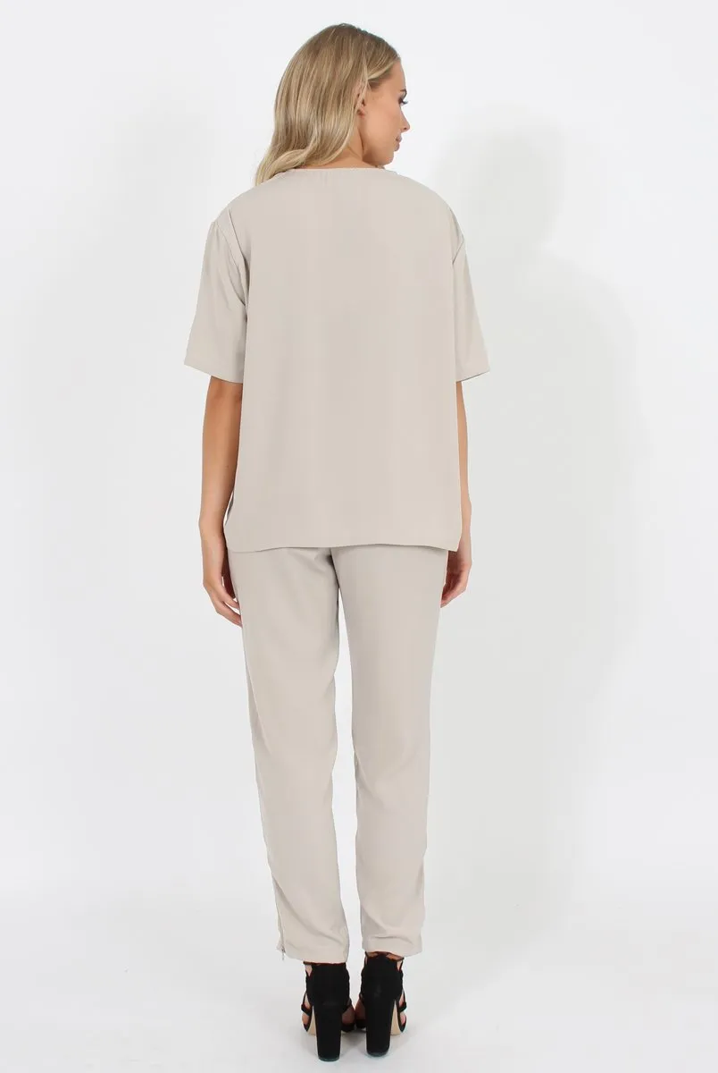 Stone Pocket Detail Dipped Hem Top - Kem