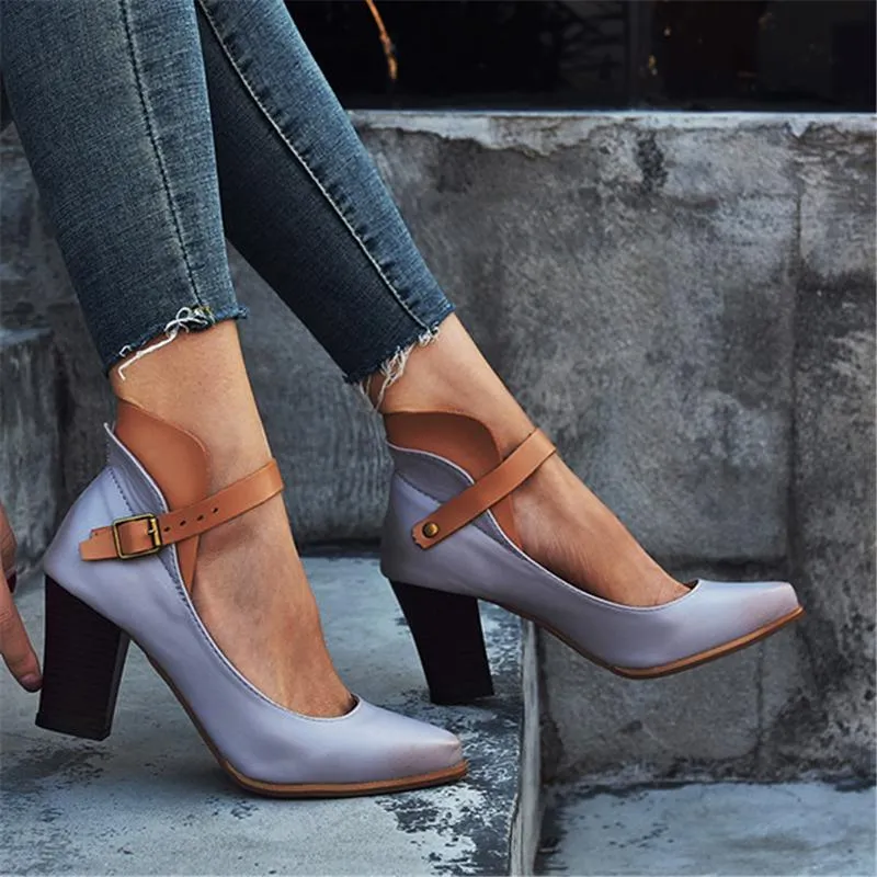 Stylish Ankle Strap Chunky High Heel Shoes