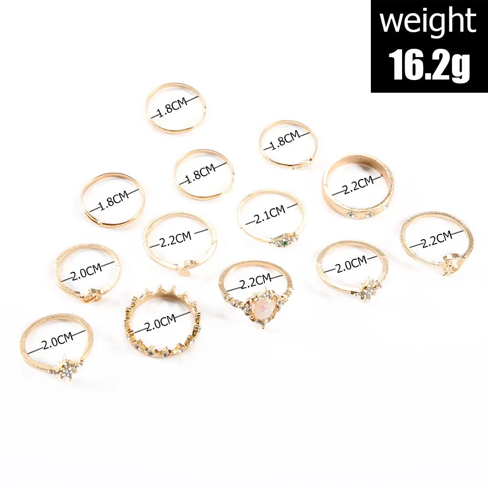 Twelve Piece Crystal Eye Moon Star Crown Ring Set