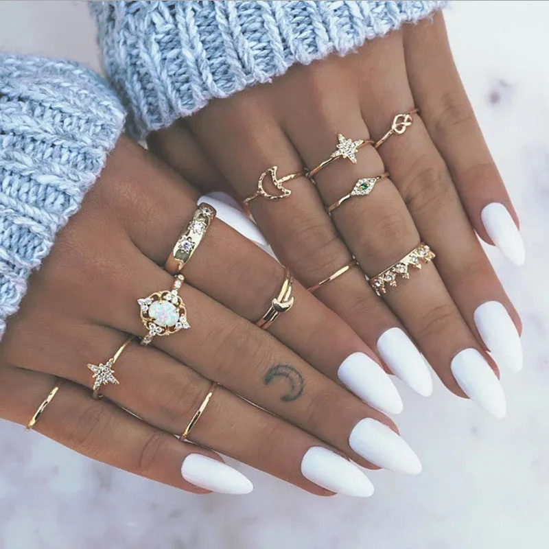 Twelve Piece Crystal Eye Moon Star Crown Ring Set