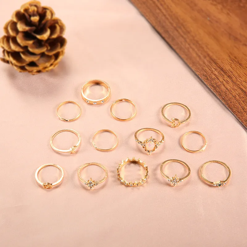 Twelve Piece Crystal Eye Moon Star Crown Ring Set