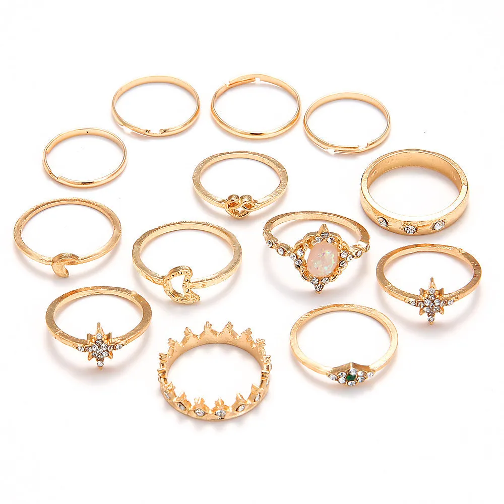 Twelve Piece Crystal Eye Moon Star Crown Ring Set