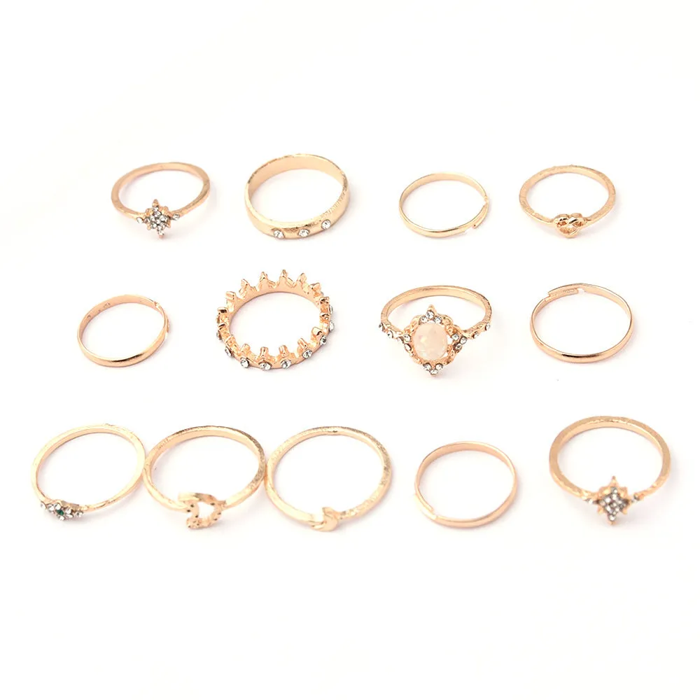 Twelve Piece Crystal Eye Moon Star Crown Ring Set