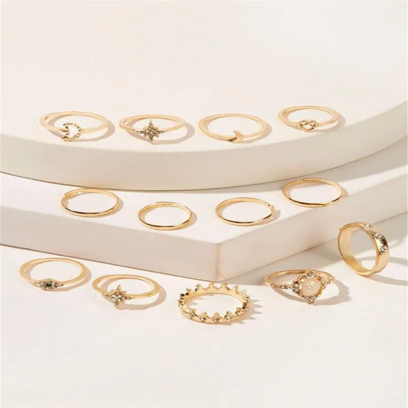 Twelve Piece Crystal Eye Moon Star Crown Ring Set