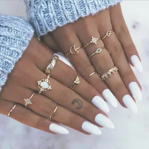 Twelve Piece Crystal Eye Moon Star Crown Ring Set