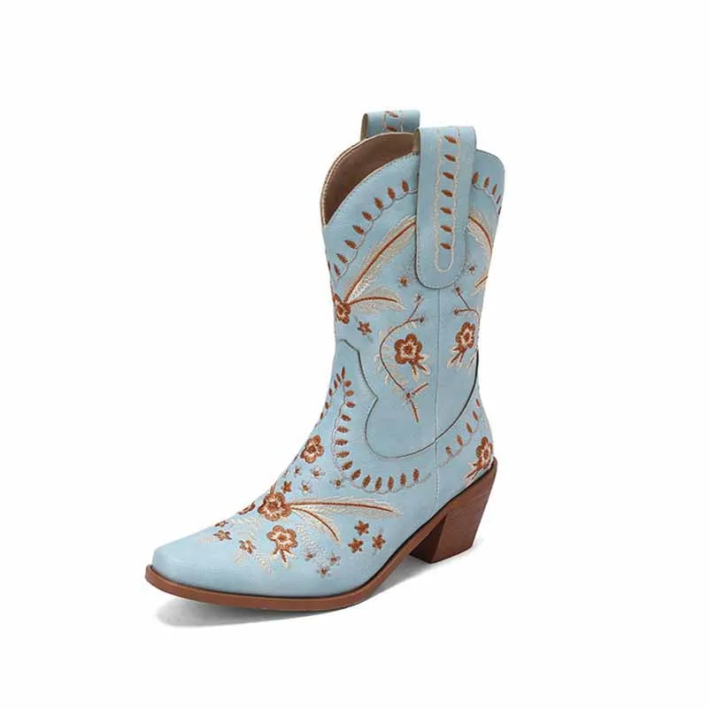 US4.5-US12 Women's Embroidered Cowgirl Boots Short Country Theme Boots in white, black,green color
