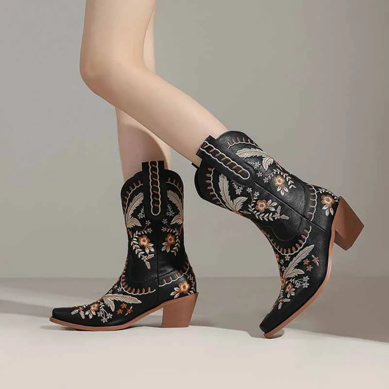 US4.5-US12 Women's Embroidered Cowgirl Boots Short Country Theme Boots in white, black,green color