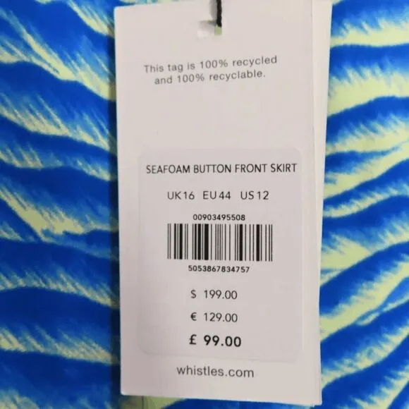 Whistles Blue Seafoam Button Front  Midi Skirt 12