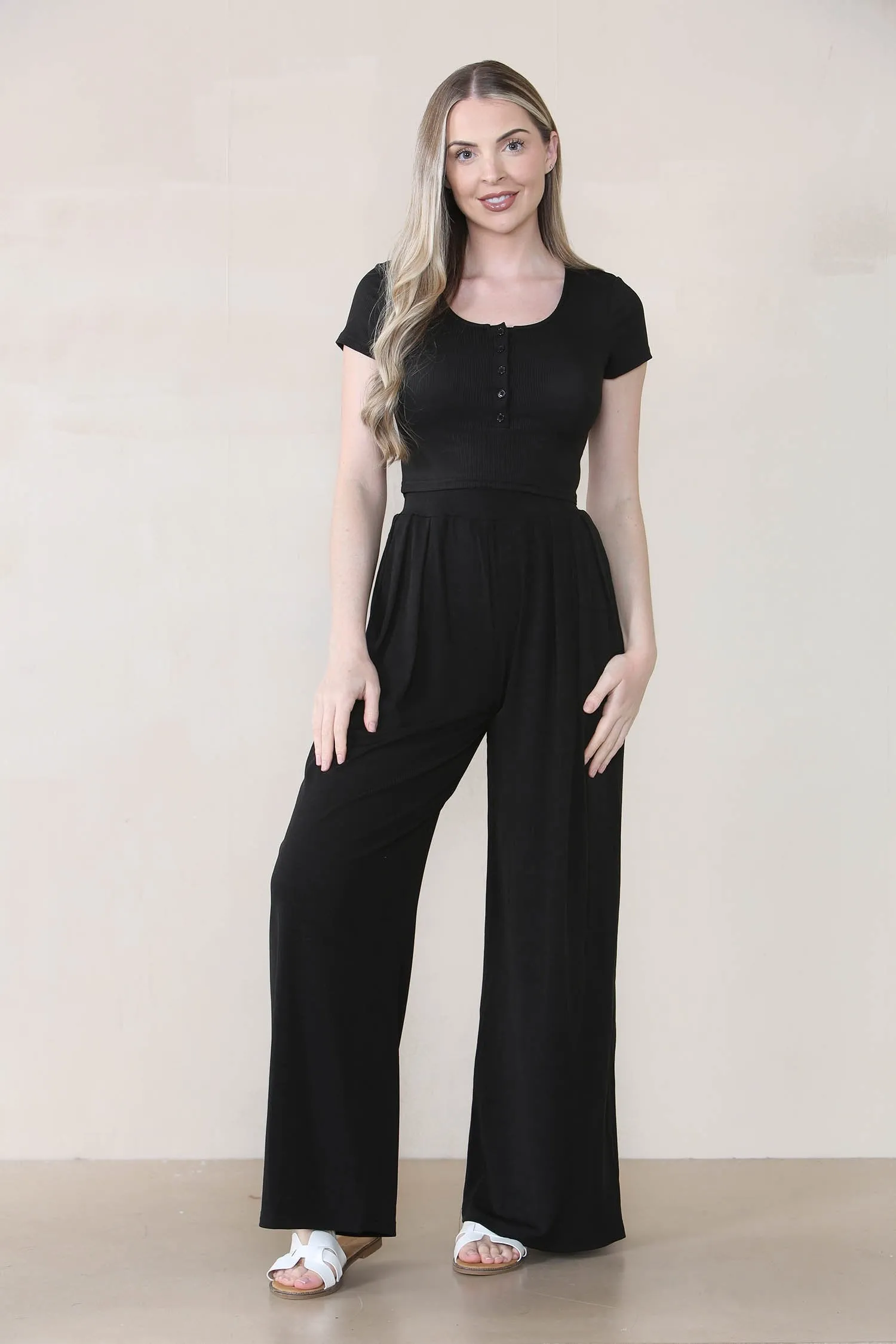 Women's Casual Plain Partial Button Short Sleeve Slim Top & Ruched Wide Leg Trousers Co-ord