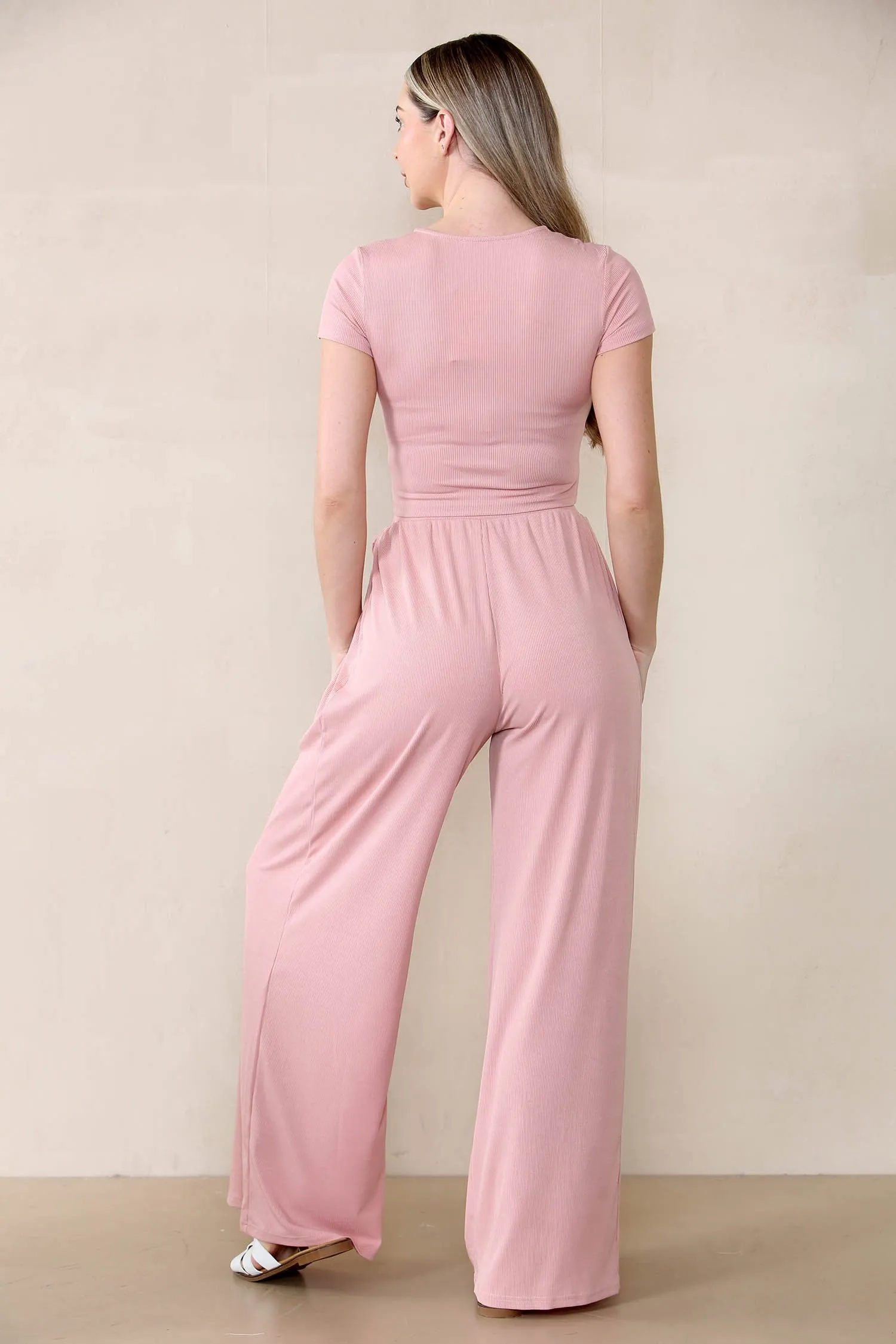 Women's Casual Plain Partial Button Short Sleeve Slim Top & Ruched Wide Leg Trousers Co-ord