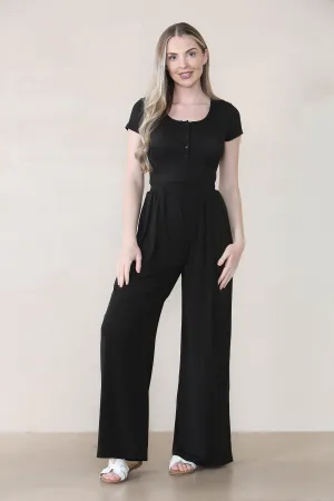 Women's Casual Plain Partial Button Short Sleeve Slim Top & Ruched Wide Leg Trousers Co-ord