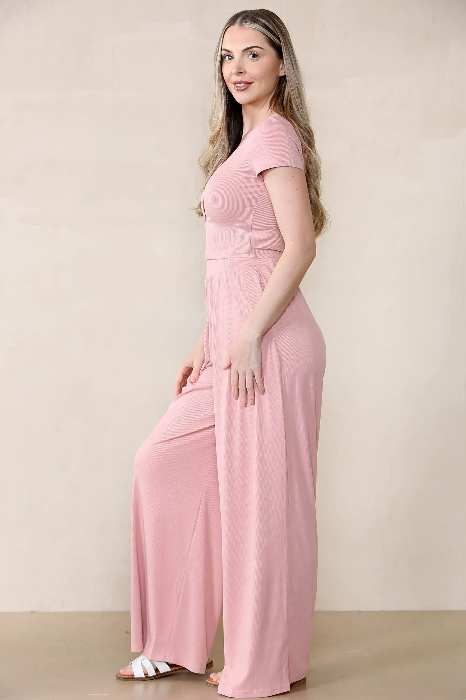 Women's Casual Plain Partial Button Short Sleeve Slim Top & Ruched Wide Leg Trousers Co-ord