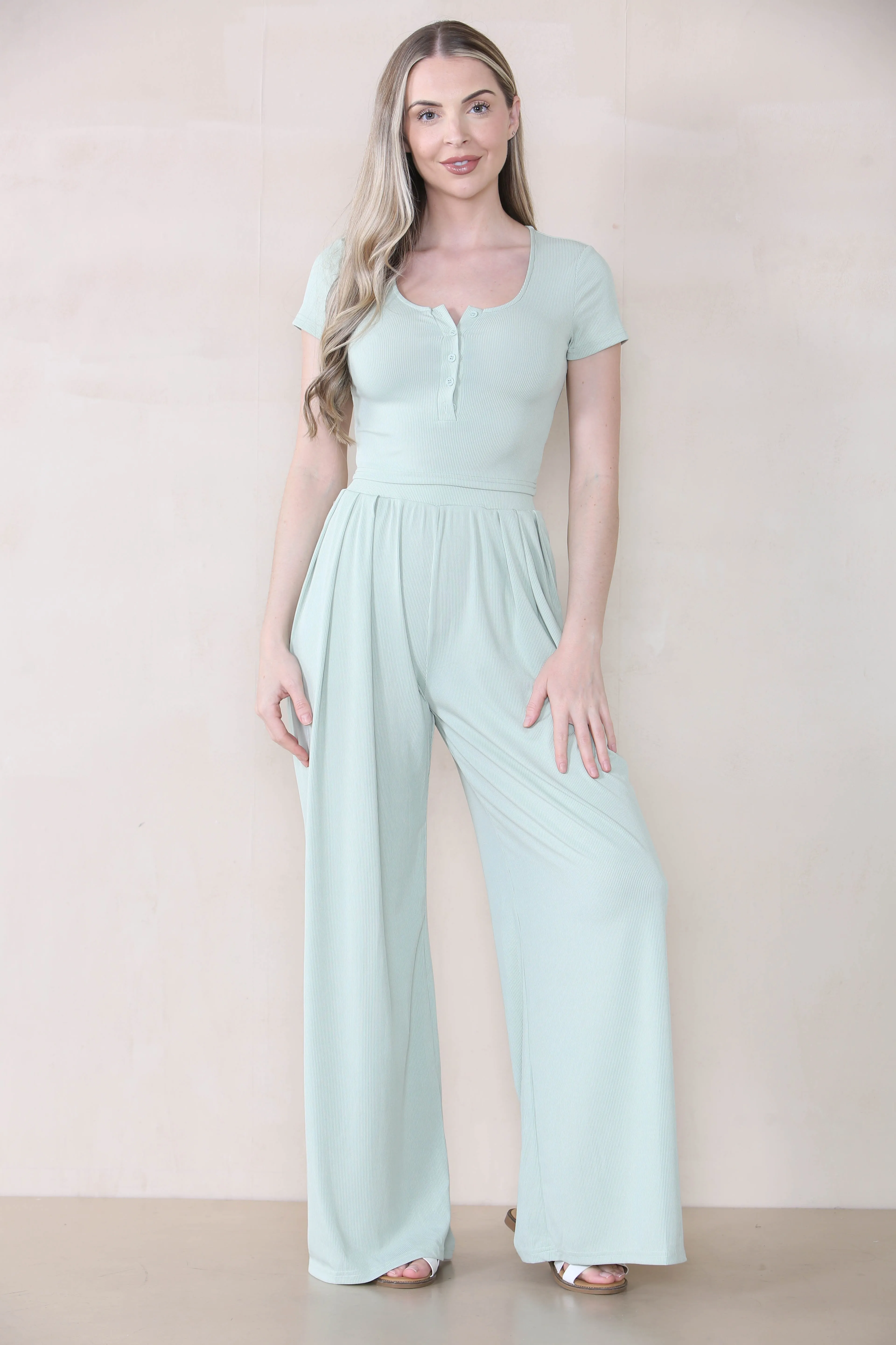 Women's Casual Plain Partial Button Short Sleeve Slim Top & Ruched Wide Leg Trousers Co-ord