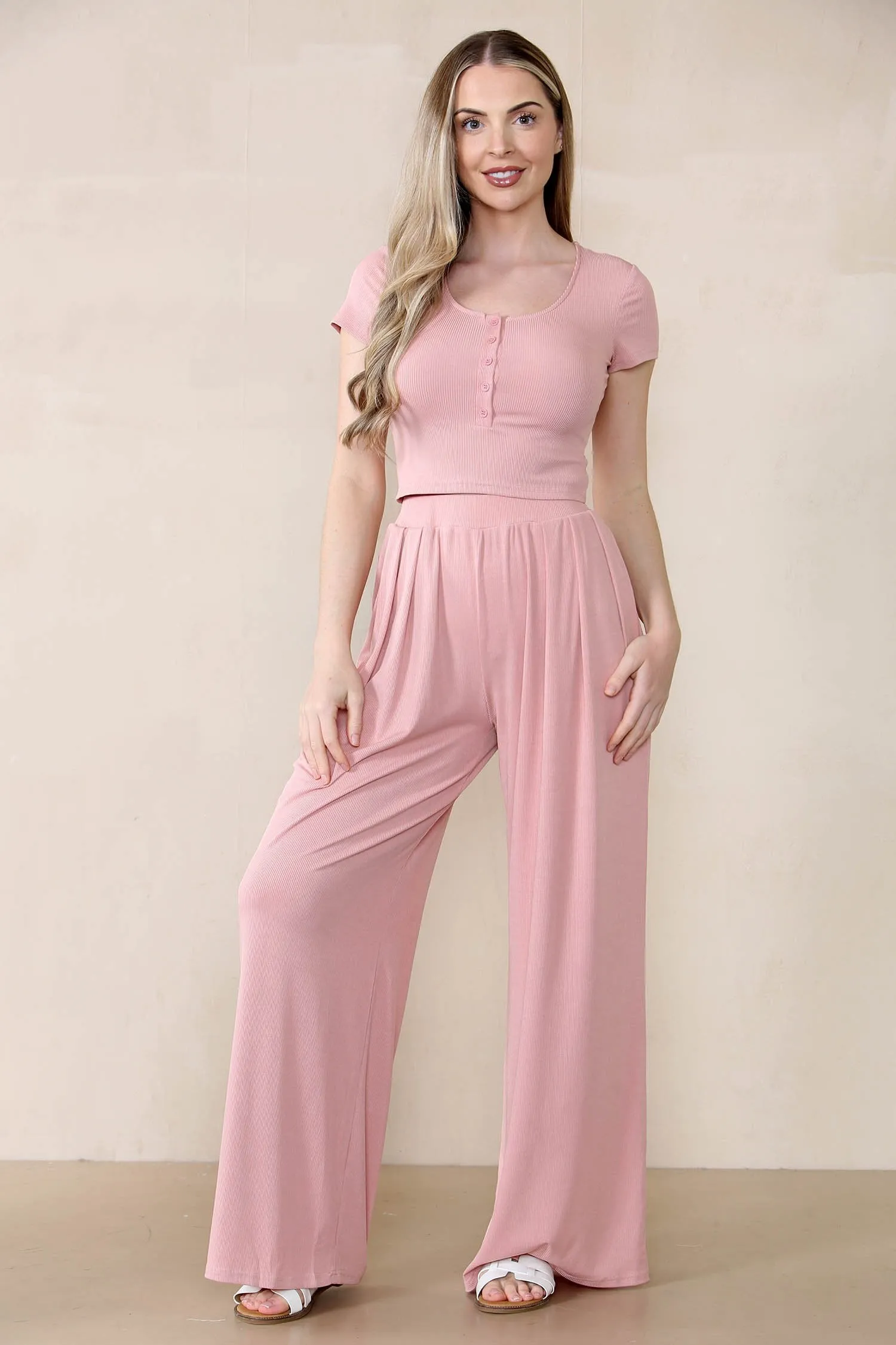 Women's Casual Plain Partial Button Short Sleeve Slim Top & Ruched Wide Leg Trousers Co-ord
