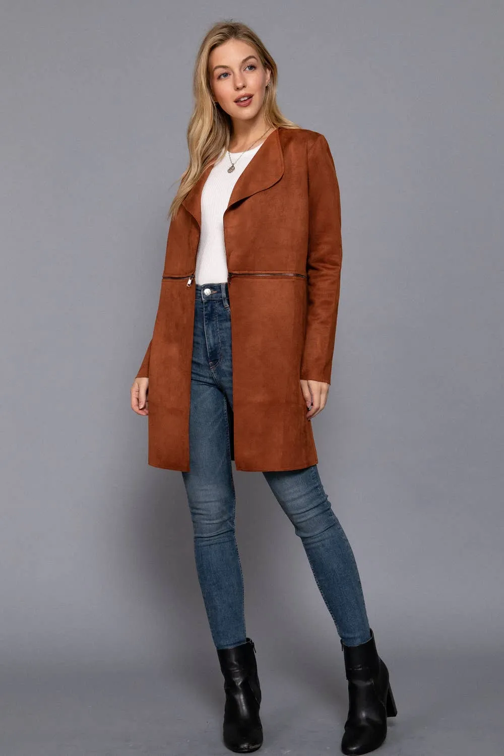Zipper Detail Faux Suede Long Jacket: Chestnut