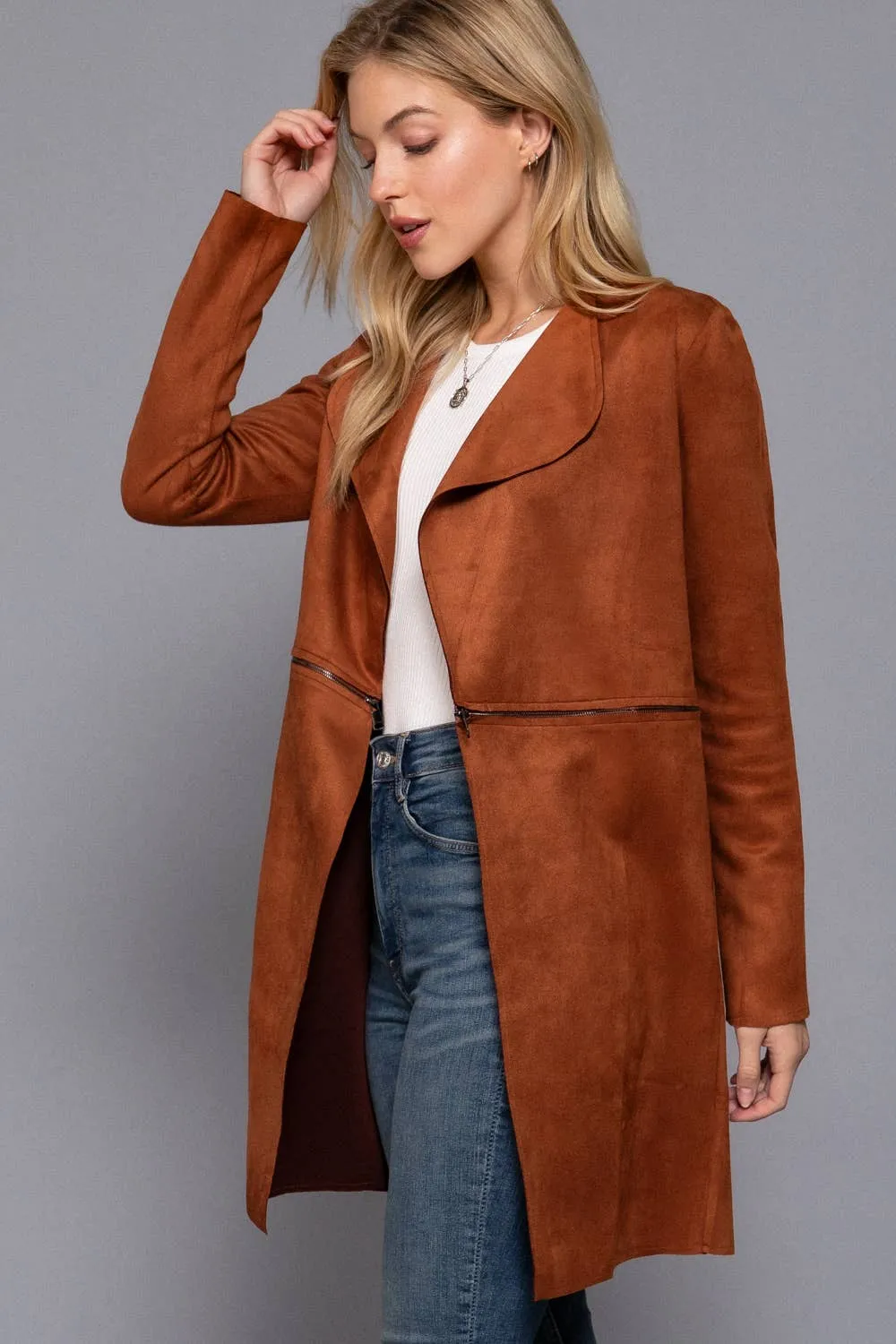 Zipper Detail Faux Suede Long Jacket: Chestnut