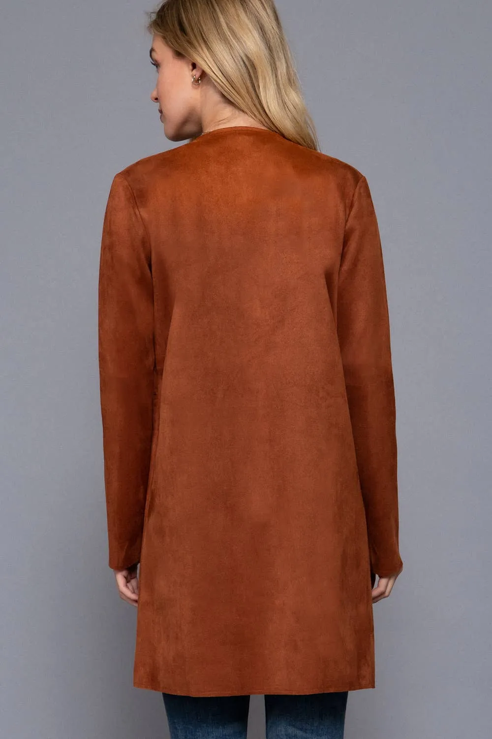 Zipper Detail Faux Suede Long Jacket: Chestnut