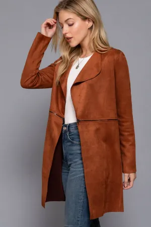 Zipper Detail Faux Suede Long Jacket: Chestnut