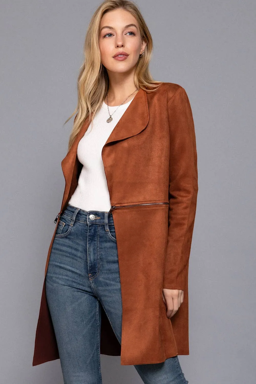 Zipper Detail Faux Suede Long Jacket: Chestnut