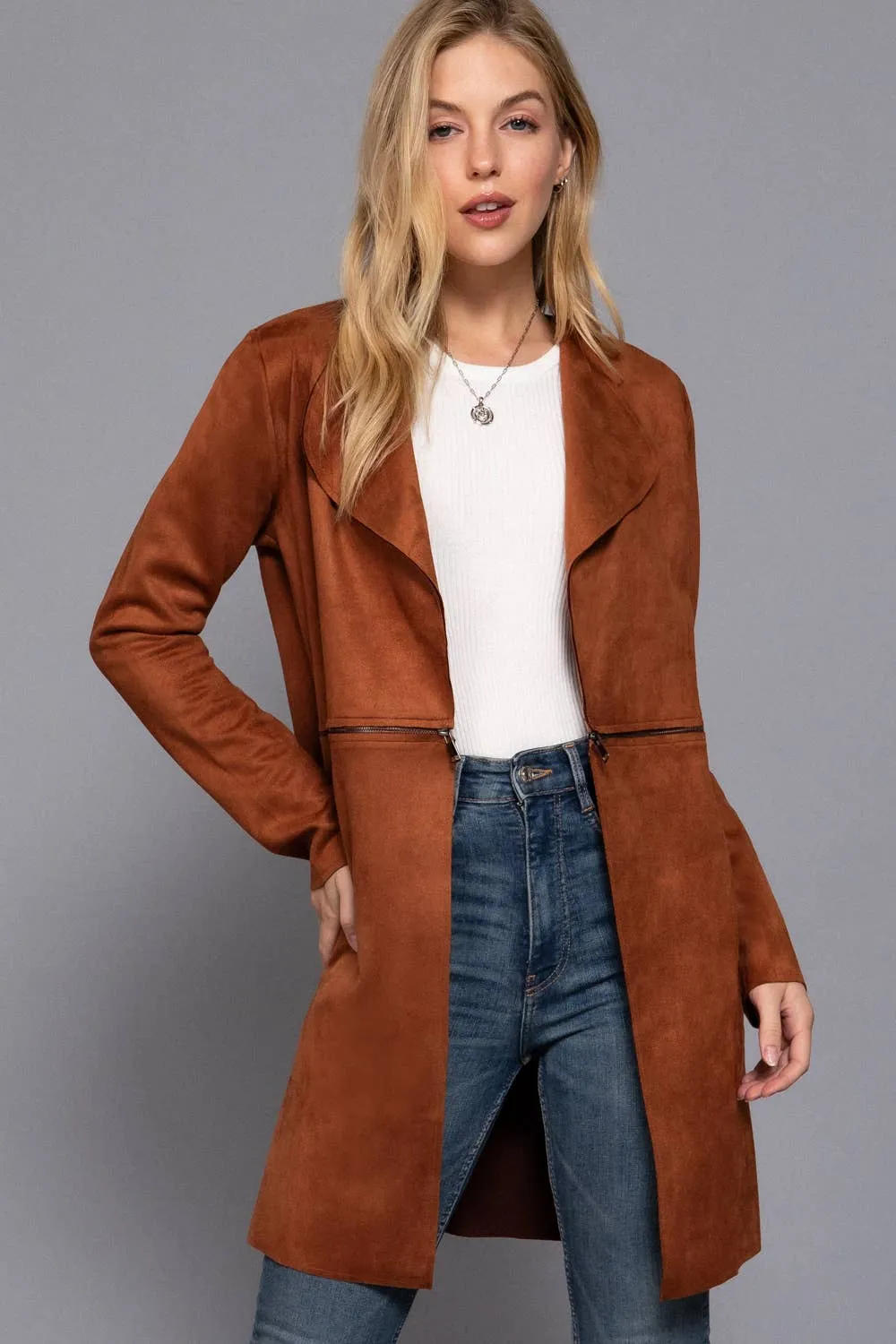 Zipper Detail Faux Suede Long Jacket: Chestnut